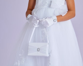 Kara White Holy Communion Bag with Organza Bow and Diamante Buckle