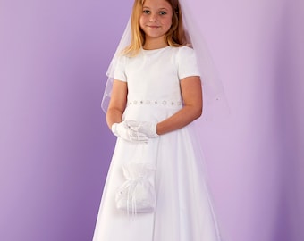 Sheridan Short Sleeve White Holy Communion Dress with Organza Skirt