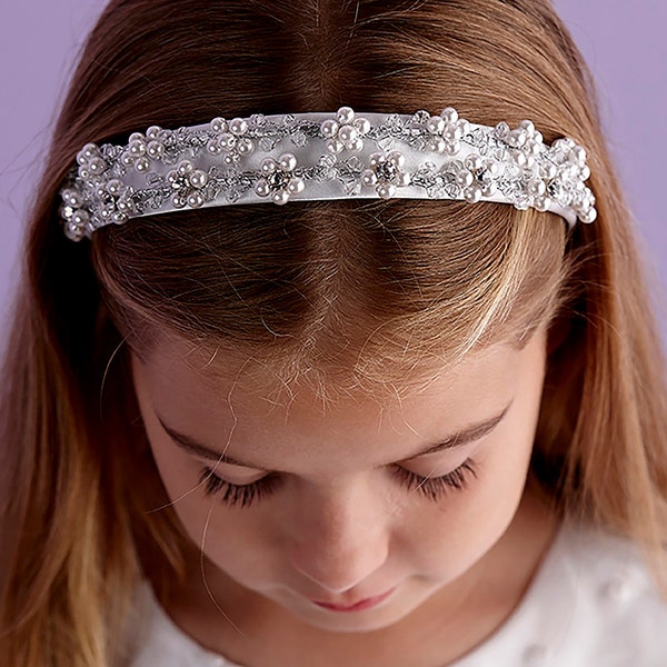 Savannah Hand Beaded Pearl Headband Holy Communion Flower Girl