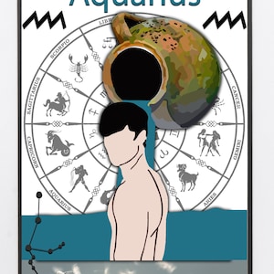 Aquarius print, Aquarius zodiac astrology illustration in the vector art style, available in A4 and A3 with framed options