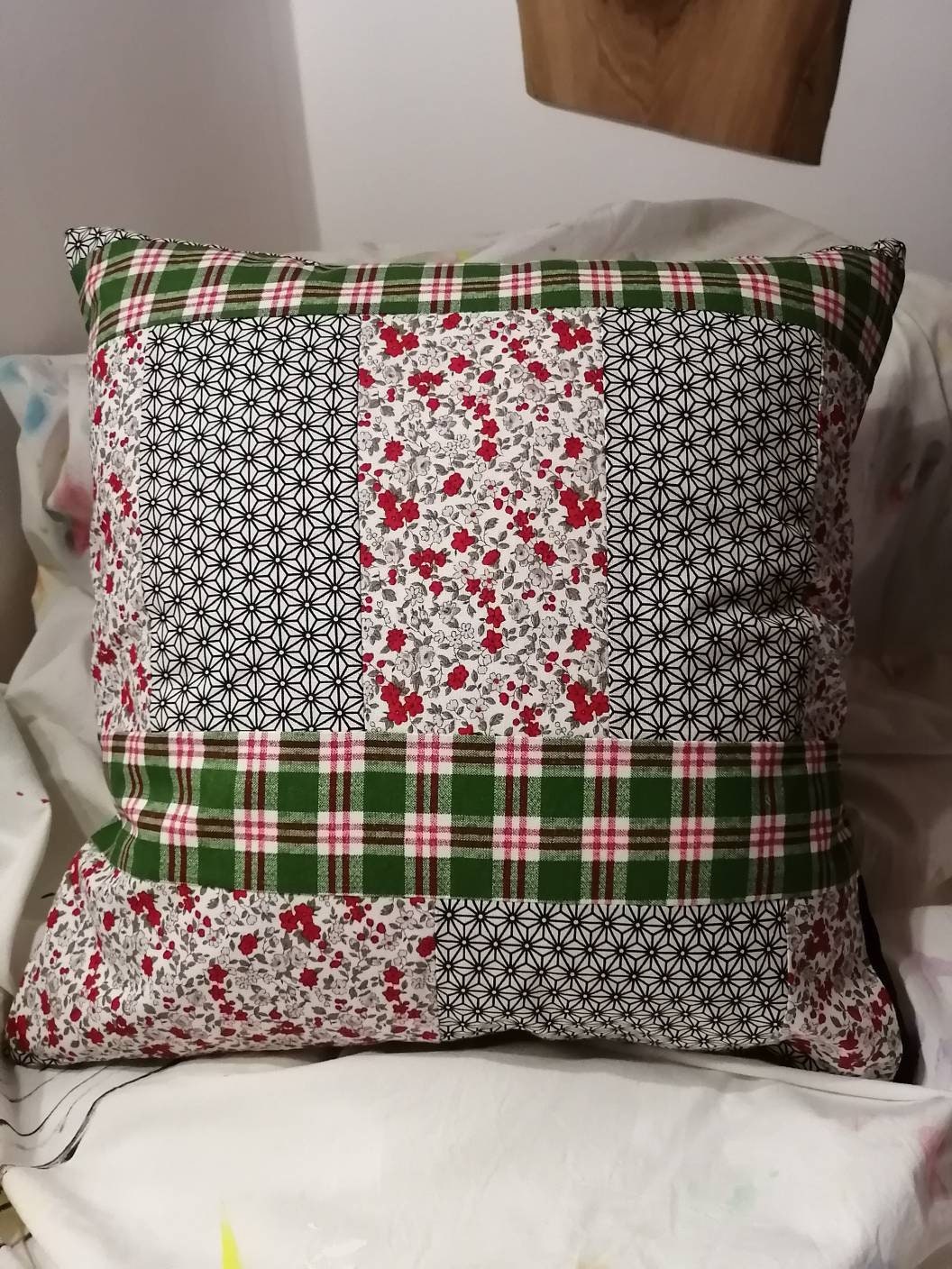 Housse de Coussin Patchwork Fait Main en Tissu