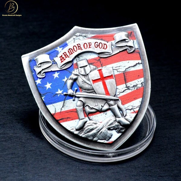 Armor of God Knights Templar US Flag Shield Challenge Coin Christian Eph 6:10-18 in Silver