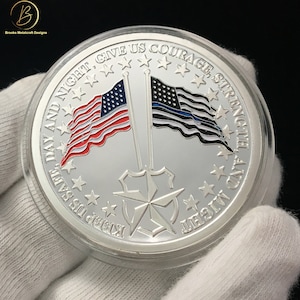 Police US Flag Thin Blue Line Flag Silver Saint Michael Challenge Coin