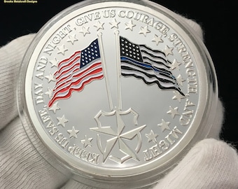 Police US Flag Thin Blue Line Flag Silver Saint Michael Challenge Coin