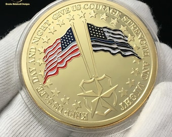 Police US Flag Thin Blue Line Flag Gold Saint Michael Challenge Coin