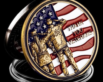 Antique Gold Challenge Coin, Thank You Veterans Tribute in Zinc Alloy