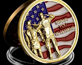 Gold Challenge Coin, Thank You Veterans Commemorative, Zinc Alloy Material, Military Tribute
