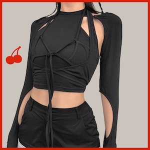 Black Layered 2 Piece Cut Out Hollow Crop Top Gothic Punk Bandage Tassel Top Harajuku Streetwear y2k Top