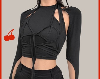 Black Layered 2 Piece Cut Out Hollow Crop Top Gothic Punk Bandage Tassel Top Harajuku Streetwear y2k Top