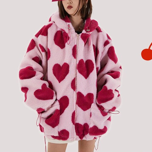 Heart Print Fleece Jacket Plush 