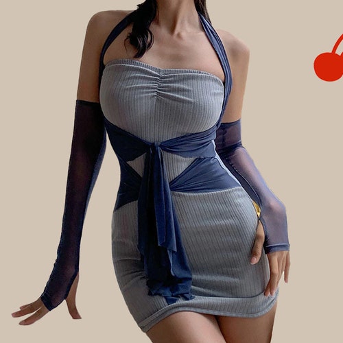 Y2K Blue Mesh Halter neck Ribbed Bodycon Dress Patchwork Tie Up Strap Dress Harajuku y2k Dress 90s Kawaii Skin Tight Ribbed Mini Dress