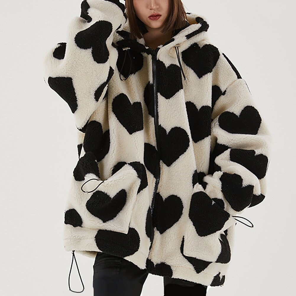 Heart Print Fleece Jacket Plush 