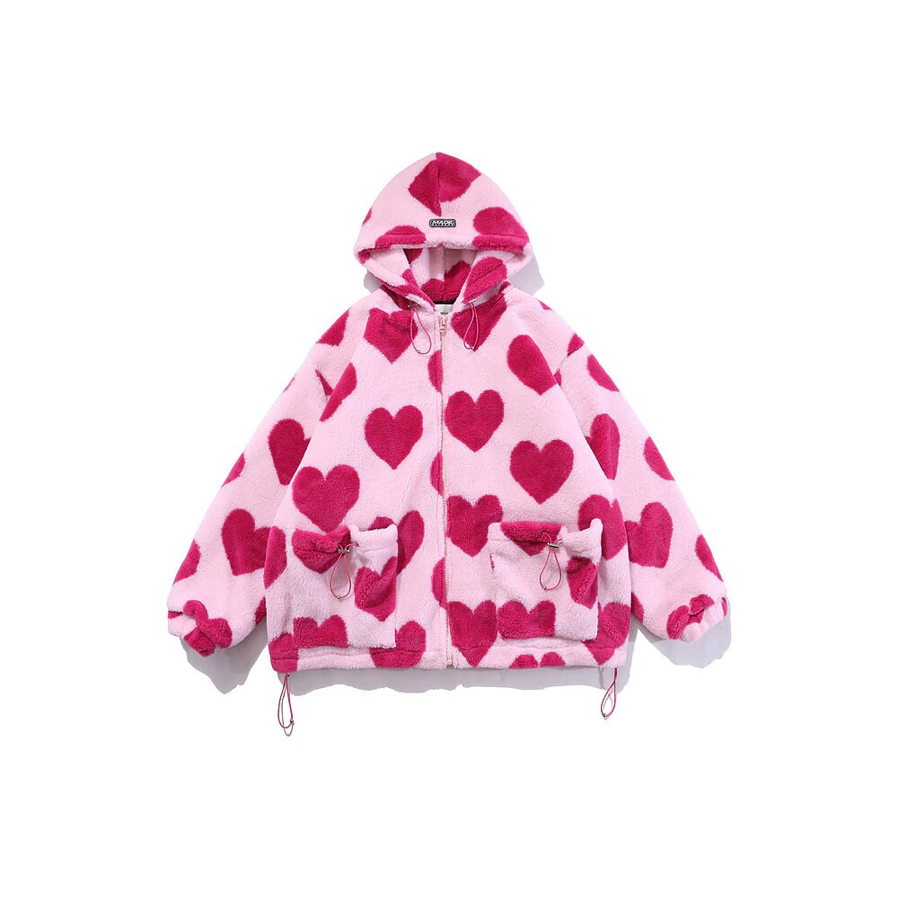 Heart Print Fleece Jacket Plush 