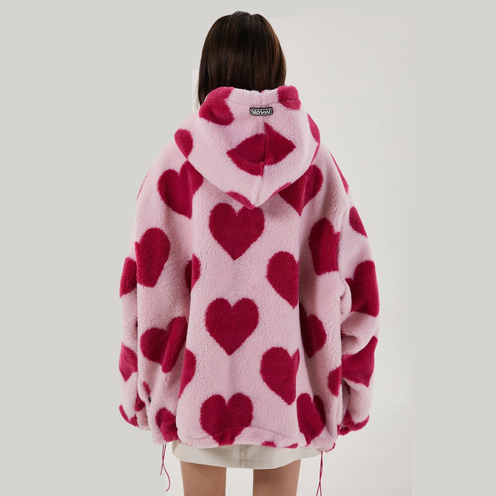 Heart Print Fleece Jacket Plush 