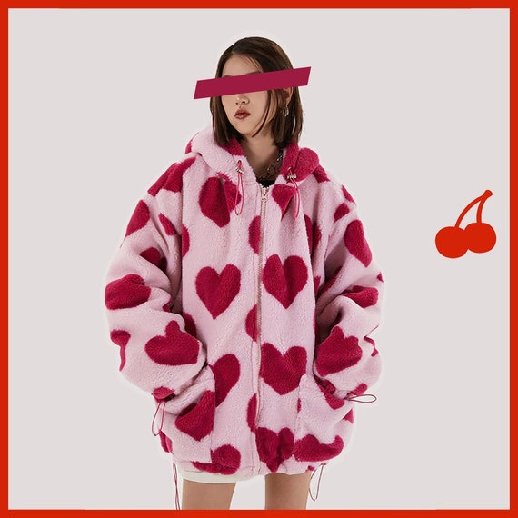 Heart Print Fleece Jacket Plush 