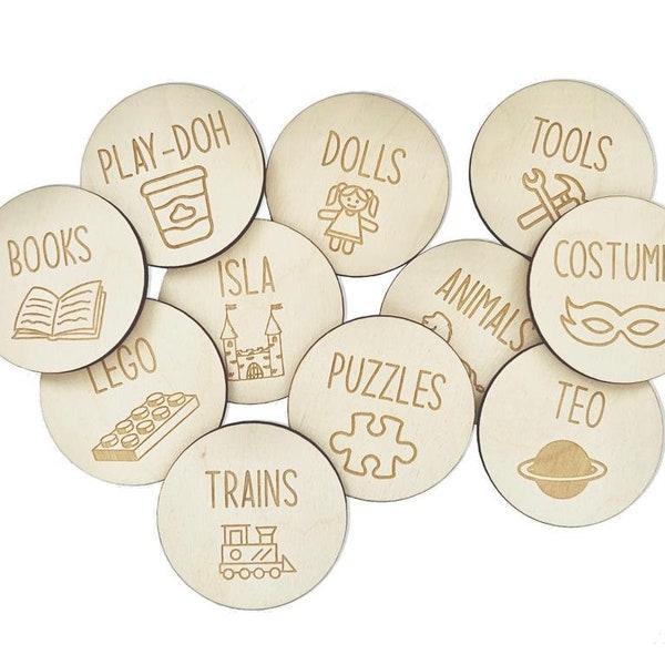 Round Personalised Wooden Tag Storage Boxes / Trofast / Round Wood Label with Pictures / Custom Icons / Signs for Playroom Organisation / UK