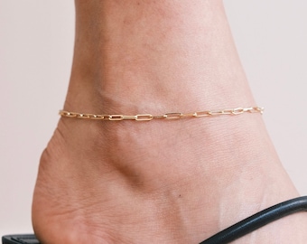 14K Solid Gold Rectangle Foot Jewelry Anklet, Gold Paperclip Ankle Bracelet, Summer Link Chain Anklet Dainty, Beach Lovers Gift For Her