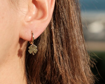 14K Solid Gold Hoops with Four Leaf Clover, Gold Lucky Earrings, Jewelry Gift for Mom, Good Luck Gift