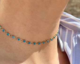 18K/14K Solid Gold Tiny Turquoise Choker Necklace, Dainty Sleeping Beauty Turquoise Jewelry, Gift For Girlfriend, December Birthstone Gift