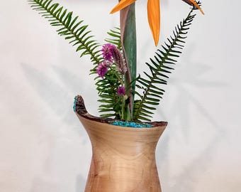Cypress Wood Vase with Turquoise Gemstone Inlay, Wood Vase, Handmade in Hawaii