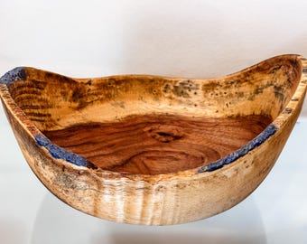 Bol de madera para auriculares hecho a mano, con borde natural, bol de madera orgánica, bol de madera torneada a mano, bol de madera con lapislázuli, hecho a mano en Hawái.