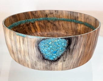 Norfolk Pine Wood Bowl with Turquoise Gemstone Inlay, Handmade in Hawaii, Food Safe, Organic Finishes