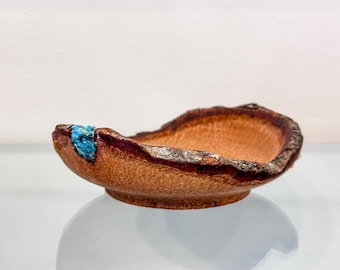 Handmade Coconut Wood Bowl: Turquoise Inlay, Natural Edge, Hawaiian Art