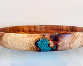 Handmade Koa Wood Salad Bowl with Turquoise and Lapis Lazuli Inlay