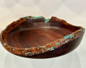 Handmade Koa Wood Bowl: Turquoise Inlay, Natural Edge Kintsugi