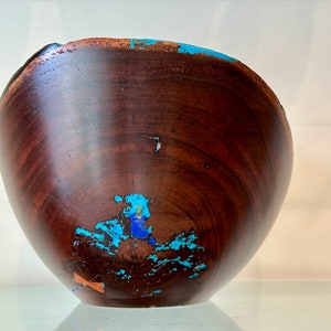 Handmade Chocolate Koa Wood Bowl with blended Turquoise and Lapis Lazuli Inlay, Natural Edge Kintsugi bowl, Hand turned bowl, Made in Hawaii