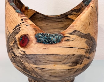 Handmade Vase-Shaped Norfolk Pine Wood Bowl, Hand-carved, with Turquoise Inlay