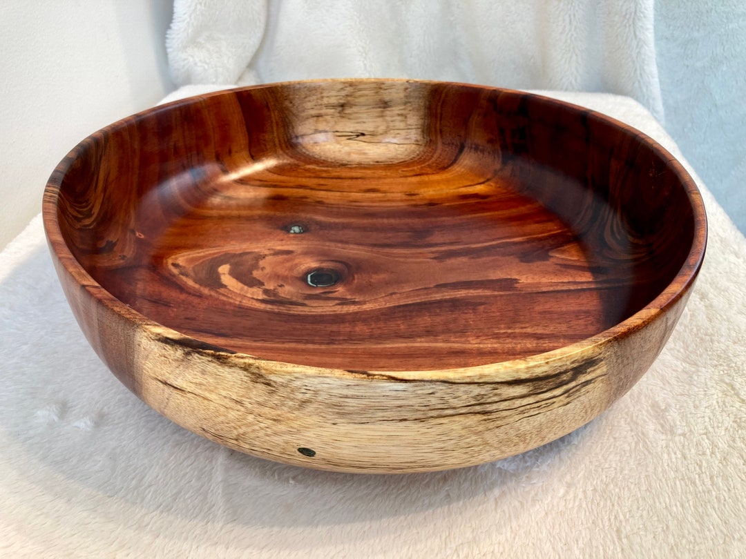 工芸品 KAITO Large Koa Wood Bowl With Turquoise Inlay, Handmade in Hawaii