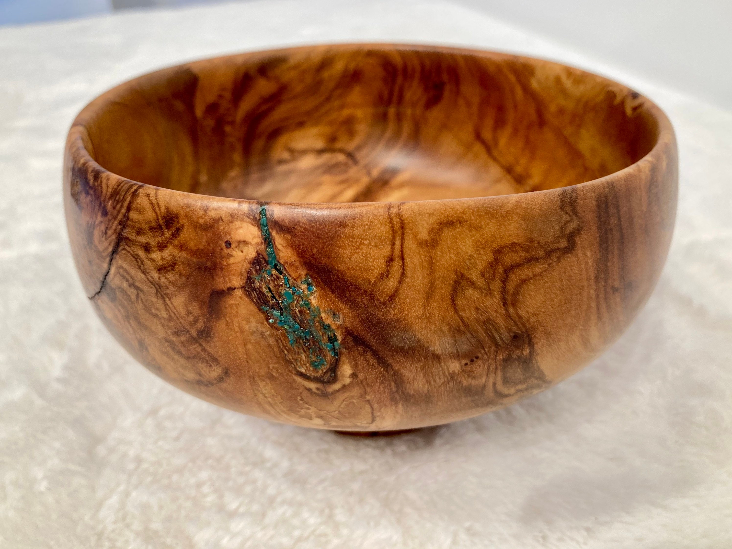Olive Wood Bowl, Decorated With Turquoise Gemstone Inlay, Handmade in