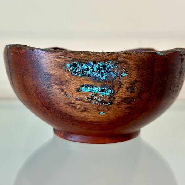 Small Koa Wood Bowl, Natural Edge Koa Wood Bowl with Turquoise and Anthracite Inlay detailing, Kintsugi Bowl, Handmade in Hawaii, Koa Wood