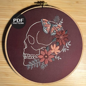 Skull butterfly embroidery pattern - Hand embroidery pattern - Boho embroidery designs - PDF embroidery pattern - Digital PDF pattern