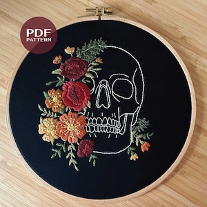Skull flower embroidery pattern - Hand embroidery pattern - Boho embroidery designs - PDF embroidery pattern - Digital PDF pattern