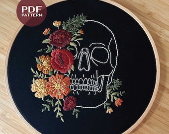 Skull flower embroidery pattern - Hand embroidery pattern - Boho embroidery designs - PDF embroidery pattern - Digital PDF pattern