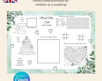 Wedding Placemat for children during a wedding, kids entertainment, wedding activity, English, Canva template, instant download,
