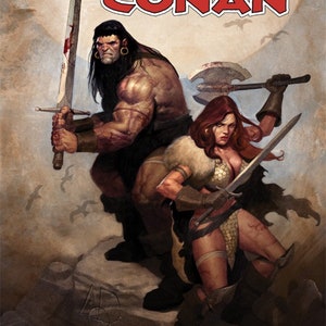 Peut inclure: Une couverture de bande dessinée mettant en scène Red Sonja et Conan le Barbare. L'illustration de la couverture représente Red Sonja tenant une épée et Conan tenant une épée et une hache. Le titre "Red Sonja Conan" est écrit en lettres rouges sur un fond beige.
