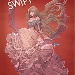 Könnte beinhalten: Eine digitale Illustration einer Frau mit langen blonden Haaren, die ein rosa Kleid mit einem Spitzenoberteil trägt. Der Hintergrund ist rot mit einem dekorativen Kreis und dem Text "FEMALE FORCE TAYLOR SWIFT" oben. Der Text "TIDAL WAVE PRODUCTIONS" befindet sich unten.