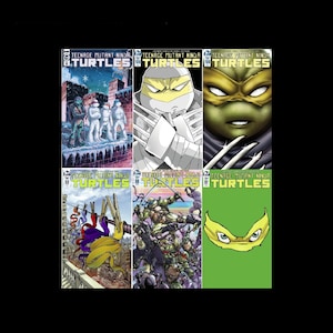 May include: Six comic book covers featuring Teenage Mutant Ninja Turtles. The covers feature different illustrations of the turtles, including a snowy scene, a close-up of a turtle's face, and a turtle wearing a mask.