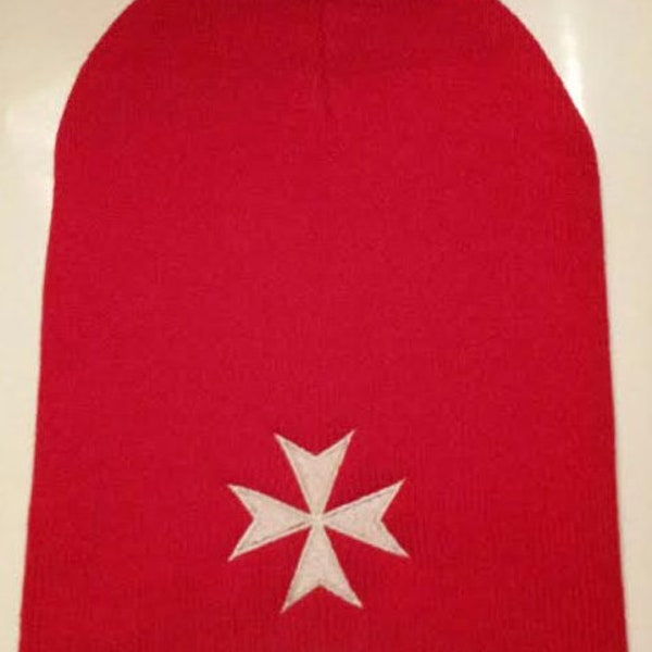 Sport knit red beanie with white Maltese cross embroidery 100% acrylic unisex