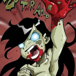 May include: A comic book cover featuring a zombie woman with green skin, red blood, and glowing blue eyes. The title of the comic is "Zombie Tramp" and the cover is labelled "Mature Readers".