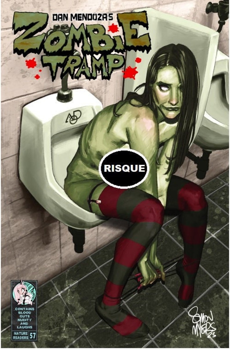 May include: A comic book cover featuring a green-skinned woman with long black hair, wearing red and black striped stockings, sitting on a urinal. The cover is titled "Zombie Tramp" and has a "Risque" label.