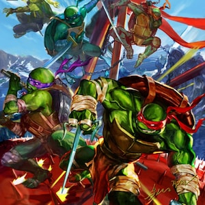 Può includere: Copertina del fumetto Teenage Mutant Ninja Turtles con quattro tartarughe verdi con bandane rosse, viola, blu e arancioni. Le tartarughe stanno combattendo con spade e katana su uno sfondo rosso e arancione.