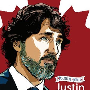 Può includere: Illustrazione di Justin Trudeau con sfondo a foglia d'acero rossa. L'immagine presenta un ritratto di Trudeau con barba e cravatta blu. Le parole "Political Power" e "Justin Trudeau" sono visualizzate.