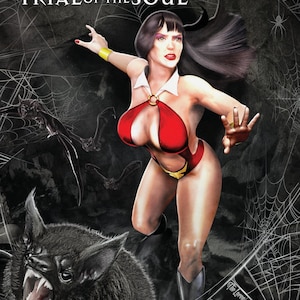 May include: A woman dressed as Vampirella, a fictional comic book character, stands in a dark, web-filled setting. She wears a red and black costume with a plunging neckline and a star-shaped emblem on her chest. The text "Vampirella Trial of the Soul" is visible at the top of the image.