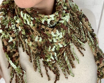 Crochet Camo Scarflet, Acrylic Triangle Shawl with Fringe