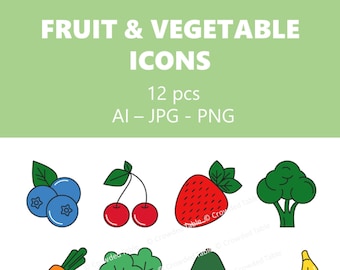 Fruit and Vegetable Icons - Produce Collection - Farmer's Market - Vector Images - Clipart - PNG