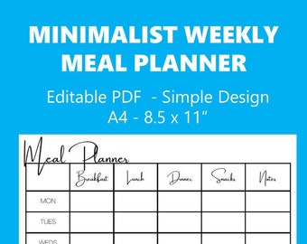 Minimalist Weekly Meal Planner - Printable - Instant Download